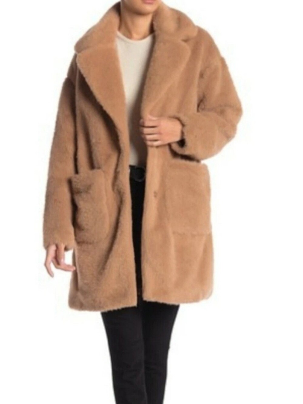 BCBGeneration Faux Fur Oversized Teddy Bear Coat Camel Tan Notched Lapel Size XL